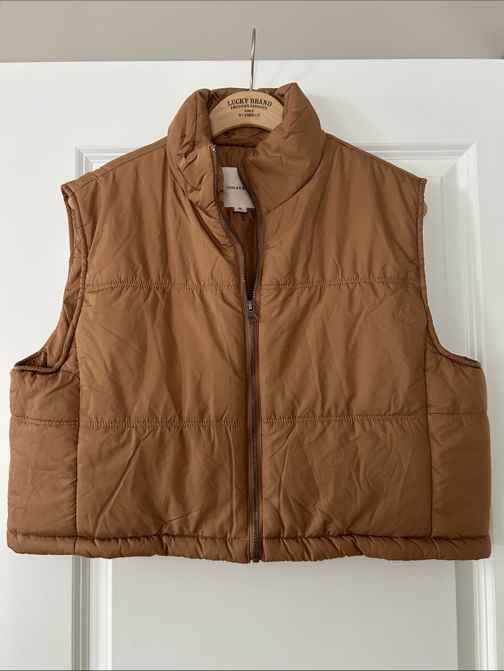 Thread & Supply Issy Puffer Vest Sz M w MEASUREMENTS Cropped Style Caramel Colot - Picture 2 of 12